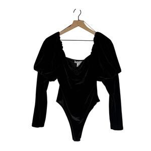 A.Calin by Flying Tomato Bodysuit Sz Medium Black Velvet Square Neck Puff Sleeve